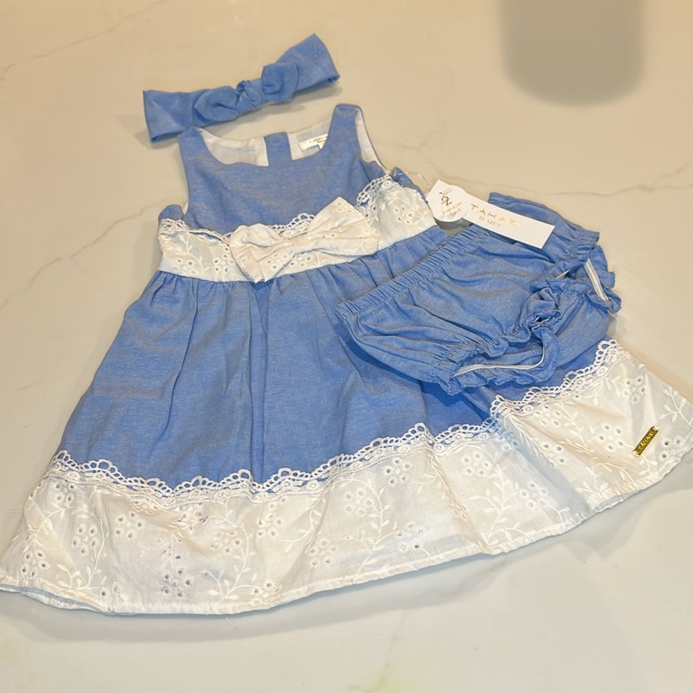 Tahari Baby 2 Piece Blue & White Lace Dress, Underwear, & Headband Size 12M